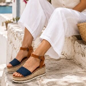 Comfort Denim Platform Espadrille Platform Sandals Size 7 Ankle Strap Coastal